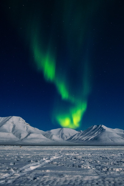 Nordlys over snødekte fjell